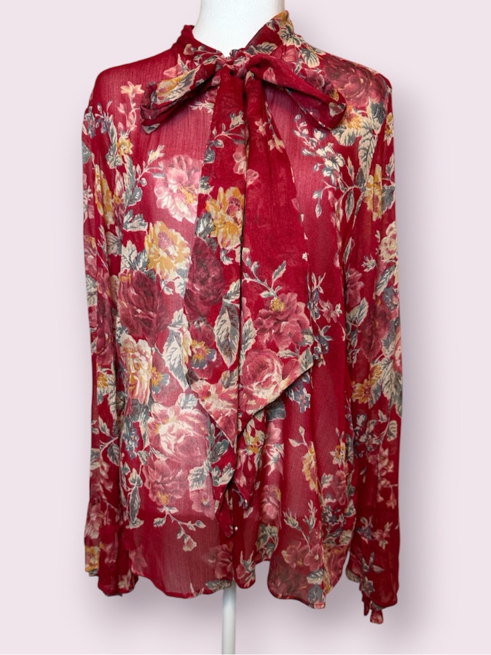 Denim & Supply Ralph Lauren Red Floral Chiffon Button Up Blouse Scarf Neck Tie L